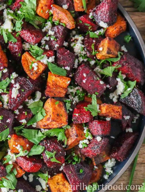 Roasted Beets And Sweet Potatoes, Beets And Sweet Potatoes, Beets And Carrots, Roasted Beets And Carrots, Beetroot Recipes, Roasted Vegetable Recipes, Beetroot Salad, Beet Recipes, Salad With Sweet Potato