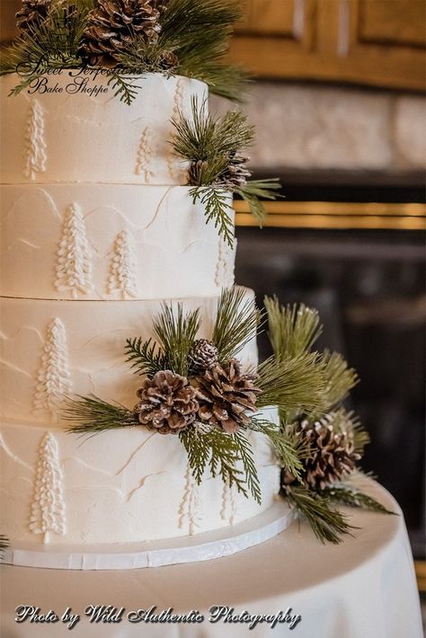 For Becky and Joshua’s outdoorsy February wedding, we topped their four-tier cake with a burst of pinecones and evergreen dusted with powdered sugar, which looks like a fresh layer of snow. Simple yet effective! The rustic motif continues down the side of the cake, which is frosted in buttercream textured to look like snow-covered mountains and trees. An elegant idea for a woodland, Christmas, or Winter Wonderland themed wedding. Photo from www.thewildauthentic.com. #spbakeshoppe Wedding Cake With Pinecones, Buttercream Texture Wedding Cake, Pine Cone Wedding Cake, Pinecone Wedding Cake, Rustic Christmas Wedding Cake, Pine Tree Wedding Cake, Elegant Winter Wedding Cake, White Winter Wedding Cake, Winter Themed Wedding Cakes