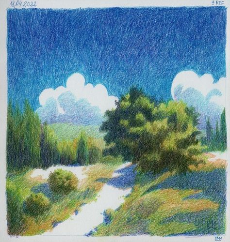 Illustration Art Colored Pencil, Landscape Sketch Color Pencil, Acrylic Paint And Colored Pencil, Colored Pencil Reference, Acrylic And Colored Pencil, Painting With Colour Pencil, Colored Pencil Buildings, Colored Pencil Art Abstract, Colour Pencil Drawing Reference