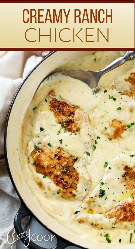 Ranch chicken in a skillet with a white ranch sauce on top of seared chicken Creamy Ranch Chicken Recipe, Ranch Seasoning Recipes, Creamy Ranch Chicken, Zesty Ranch, Baked Ranch Chicken, Creamy Chicken Recipes, Delicious Family Dinners, Ranch Chicken Recipes, Creamy Ranch