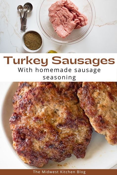 Turkey breakfast sausage patties are made with ground turkey and homemade spice mix and then pan-fried until perfectly golden brown and crisp on the outside. These juicy turkey patties are healthy and more delicious than any store-bought breakfast sausage. Diy Breakfast Sausage Patties, Ground Turkey Breakfast Patties, How To Make Breakfast Sausage From Ground Turkey, Turkey Sausage Patties Recipes, Homemade Ground Turkey Sausage, Turkey Breakfast Sausage Patties, Turkey Breakfast Sausage Seasoning, Homemade Breakfast Sausage Patties, Alpha Gal Breakfast