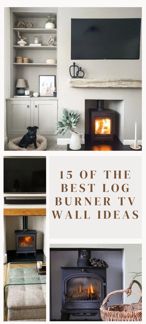 Planning the perfect log burner TV wall for your living room? This living room trend is one of the hottest ways to bring a cosy, and warming ambience to a living room that doesn’t discriminate on having a TV on show! I always say that a TV should never go above a fireplace unless it absolutely has to, OR if you use a smart TV which looks like artwork when not in use, then it’s okay. Continue>> Living Room Fireplace Flat Wall, Tv On Wall Above Log Burner, Log Burner Under Tv, Log Burner In Media Wall, Living Room Stove Fireplace, Inset Tv Wall Ideas, Small Lounge With Log Burner, Tv Above Log Burner Living Rooms, Wood Burning Fireplace With Tv Above