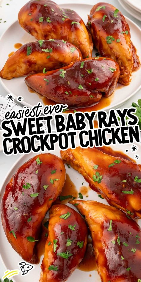 Sweet Baby Rays Crockpot Chicken Bbq Chicken In Crockpot, Bbq Chicken Crockpot Easy, Sweet Baby Rays Bbq Chicken, Sweet Baby Rays Crockpot Chicken, Mini Crockpot, Bbq Chicken Breast Recipe, Sweet Baby Rays, Dinners Chicken, Baby Ray