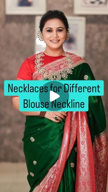 FASHION PIXIE 🍁 on Instagram: "Necklaces for Different Blouse Necklines. #blouse #necklineandnecklace #saree #styleguide #indianstyle #fashionpixii #nilishadave" Jewellery For Closed Neck Blouse, What Type Of Necklace To Wear Neckline, Necklace For V Neck Blouse, Pot Neck Blouse Designs Back, Necklace For Saree, Saree Necklace, High Neck Saree Blouse, Neckline Necklace Guide, Boat Neck Saree Blouse