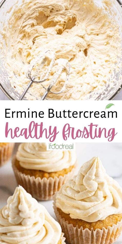 Light and fluffy, Healthy Buttercream Frosting is what any cake or cupcake needs to make it perfect. It's an ermine icing made with flour, sugar, milk and butter, whips up silky smooth and does not taste overly sweet! Ermine Icing, Cupcake Icing Recipe, Fluffy Buttercream Frosting, Healthy Frosting, Healthy Chocolate Cake, Healthy Cupcakes, Desserts Cake, Sugar Frosting, Homemade Frosting