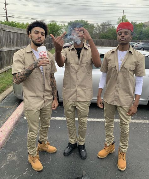 Freaknik Outfits For Men, Tan Dickies Outfit, Men Drip Outfits, Dickies Outfits Men Street, Timberland Outfits For Guys, Timberland Outfits Hombres, Swag Outfits Men Streetwear, Timbs Outfit Men, Gang Outfits