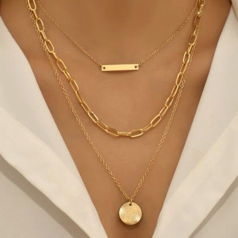 Anthropologie Triple Layered Hammered Charm, Bar & Paperclip Gold Necklace 15-17” 63-7 Necklaces For Older Women, 3 Necklace Stack, Link Necklace Jewelry, In Style Jewelry, Paperclip Gold Necklace, Layered Diamond Necklaces, Layered Chains Gold, Paper Clip Necklace Layering, Paperclip Necklace Layering