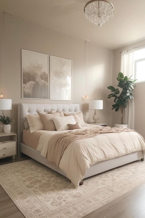 Bedroom Decor Cream Bed, Soft Boho Bedroom, Beige And Cream Bedroom, Nashville Suburbs, Beige And White Room, Cream Room Bedroom, White And Brown Bedroom Ideas, Brown And Beige Bedroom, Beige Room Bedroom