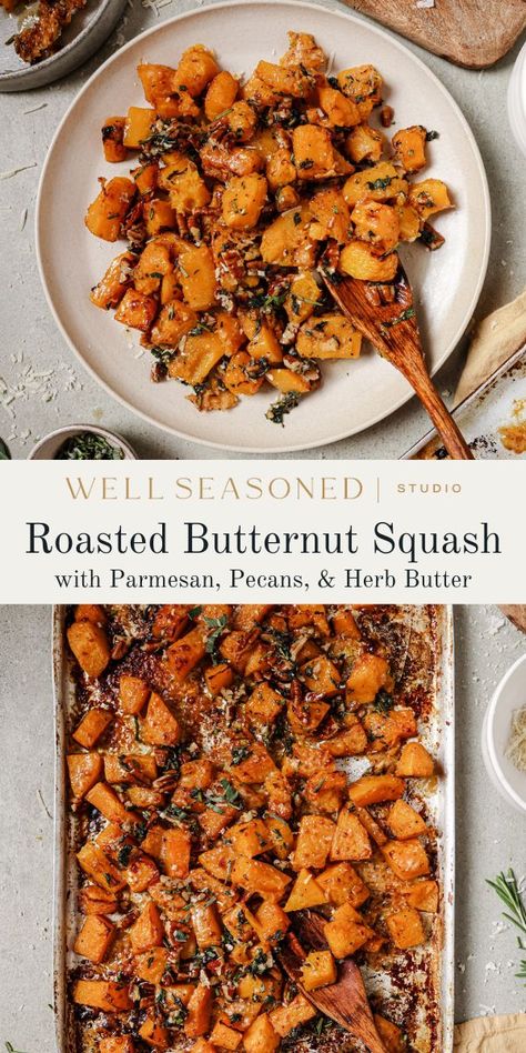 Parmesan-Roasted Butternut Squash with Pecans Butternut Squash Medley, Parmesan Roasted Butternut Squash, Garlic Parmesan Butternut Squash, Whipped Butternut Squash Recipes, Fried Butternut Squash Recipes, Roasted Butternut Squash With Pecans, Vegetarian Recipes Butternut Squash, How To Season Butternut Squash, Healthy Friendsgiving Recipes