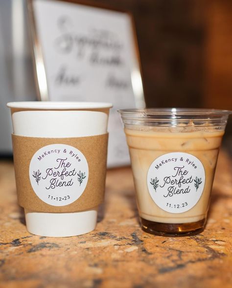 two cups of coffee, one iced and one hot. Wedding Coffee Cups, Coffee Mug Wedding Favor Display, Wedding Coffee Sleeves, Perfect Blend Coffee Wedding Favors, Coffee Mugs At Wedding, Cup Sleeves, Coffee Wedding, Coffee Cup Sleeves, Southern Wedding