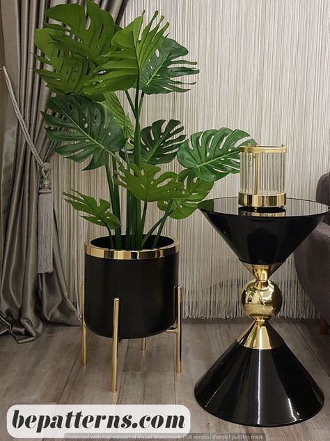 Affordable Home Decor | Cozy Kitchen and Living Room Living Room Decor Flowers, Flower Pot For Living Room, Living Room Decor Art Deco, Black And Gold Plant Pots, Planter For Living Room, Luxury Home Decor Items, Big Flower Vase Home Decor, Black Accessories Living Room, Flower Pot Decorating Ideas