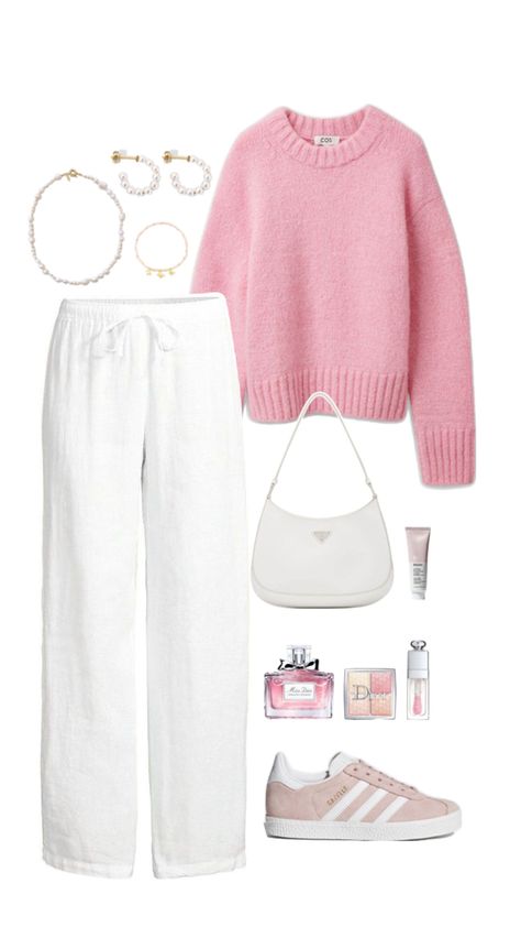 Pink outfit idea, fashion inspiration, pink gazelle, white linen pants, pink sweater, miss dior, spring, pearl jewells Light Pink Outfit Ideas Casual, Pink Combo Outfits, Pink Sweater Outfit Aesthetic, Pink Crewneck Outfit, Cute Pink Outfits Aesthetic, Light Pink Sweater Outfit, Basic Outfits Winter, Linen Pants Outfits, Light Pink Outfit