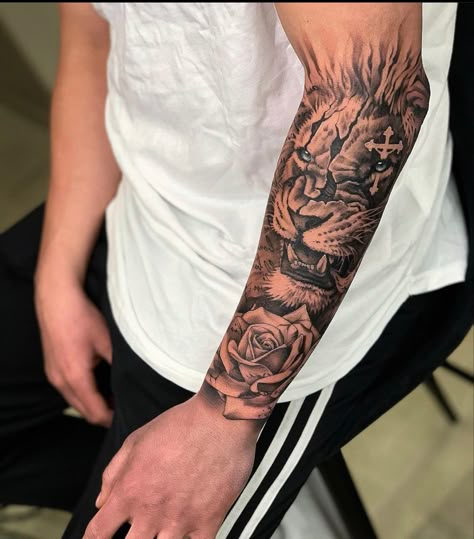 Arm Tattoos For Guys Forearm, Lion Forearm Tattoos, Outer Forearm Tattoo, Half Sleeve Tattoos Forearm, Half Sleeve Tattoos, Lion Tattoo Sleeves, Rose Tattoos For Men, Cool Arm Tattoos, Forearm Tattoo Design