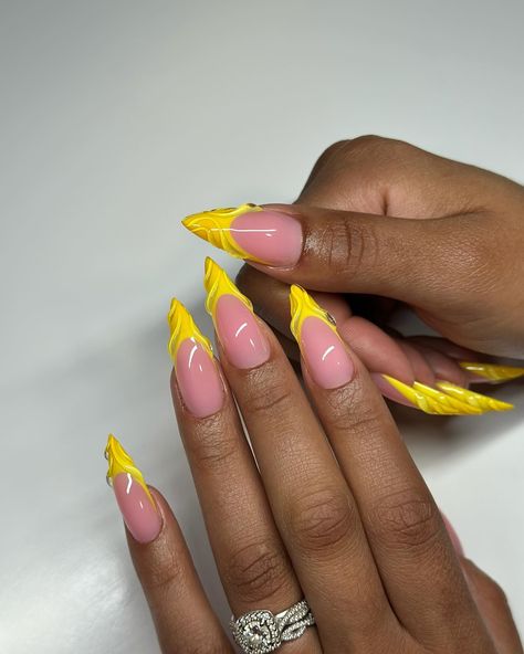 Have a blessed week 💛 #dovenailsbysharon #apresgelx #gelx Almond Shape Nails Summer Colors, Colour Nails Ideas, Medium Almond Nails Designs Summer, Colourful Nails Designs, French Tip Almond Nails With Design, French Nails Stiletto, Yellow Stiletto Nails, Yellow French Tip Nails, Yellow French Tips