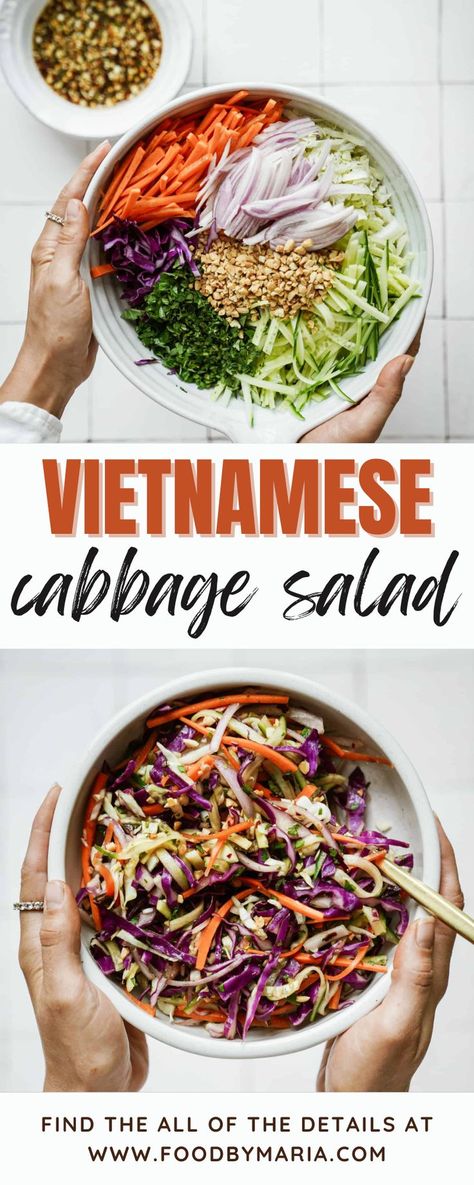 Vietnamese Salad Dressing Recipes, Vietnamese Cabbage Salad, Summer Cabbage Recipes, Cabbage Based Salads, Vietnamese Salad Dressing, Vietnamese Salad Recipes, Healthy Vietnamese Food, Cabbage Salad Asian, Pho Salad