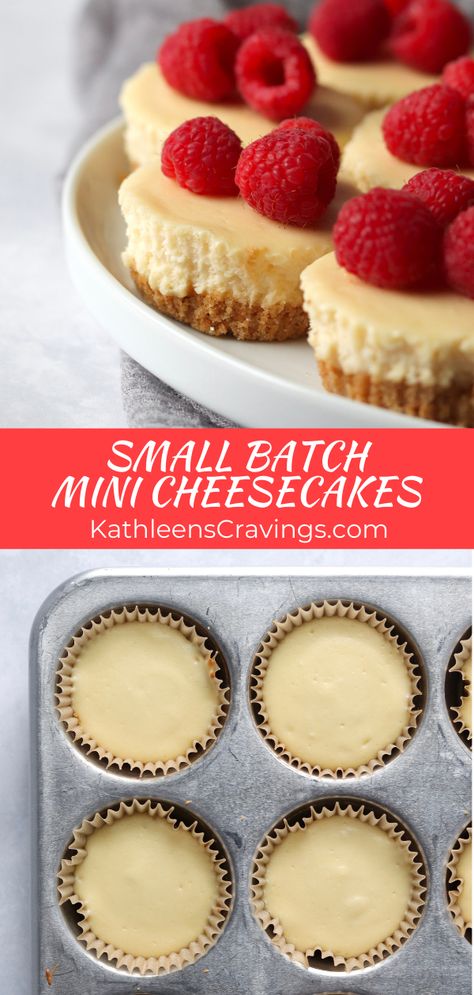 Small Baked Cheesecake Recipe, Cheesecake Recipes Mini Easy, Small Batch Cheesecake Cupcakes, Mini Individual Cheesecakes, Small Individual Cheesecakes, No Bake Cheesecake Muffin Tin, Plain Mini Cheesecakes, Min Cheesecake Recipes, Mini Cheesecake For One