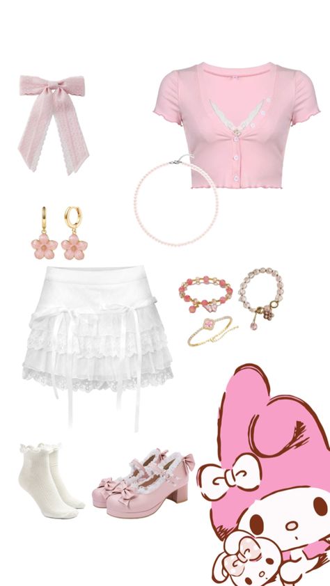 an outfit inspired by my melody!! sanrio, pink, aesthetic, cutecore My Melody Outfit Ideas, Sanrio Outfit Ideas, Sanrio Pink Aesthetic, Melody Outfit, My Melody Outfit, Sanrio Outfits, Sanrio Pink, Outfit Inspired, Halloween Inspo