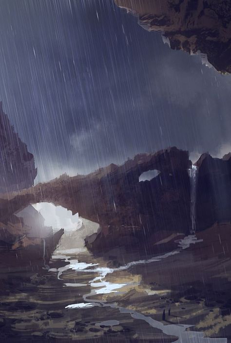 Desert Rain, Desert Wasteland Art, Rainy Fantasy City, Rain In The Desert, Rain In Desert, Rainforest City Fantasy Art, Water Spells, Waterfall Island, Desert Environment