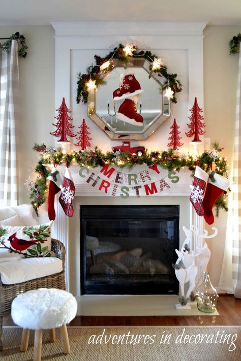 Our+2015+Christmas+Great+Room Christmas Mirror, Holiday Mantel, Christmas Fireplace Decor, Christmas Tablescape, Christmas Mantel Decorations, Christmas Interiors, Christmas Mantle, White Christmas Decor, Christmas Fireplace