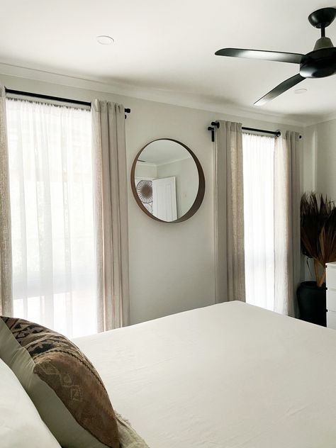 Light and airy, master bedroom with two windows, featuring double curtain rods Farmhouse Sliding Glass Door Curtains Patio, Curtains With Sheers, Curtains Bedroom Aesthetic, Beautiful Bed Designs, Window Curtains Living Room, Beautiful Bed, Bed Design Modern, Dekorasi Kamar Tidur, Bedroom Curtains