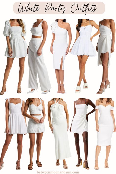 Find your perfect outfit for an All-White Party or a Bridal Party. Stunning and elegant cocktail dresses that ensure the perfect look. Find your perfect fit: classy chic, bold, sexy, casual, or romantic. Let's dive into the world of whites! #CocktailDresses #AllWhiteParty #WhitePartyDress #WhitePartyOutfit #BridalDresses #WhiteOutfit White And Gold Outfits Parties Casual, White Casual Outfit For Party, White Chic Outfit Classy, Whiteout Party Outfit, White Party Dresses For Women, All White Dinner Party Outfit, White Dresscode Party, White Dress Outfit Party Night Classy, All White Party Outfits For Women