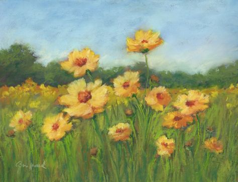 this pastel painting portrays a meadow filled with beautiful yellow flowers strewn across the landscape.  It is definitely a "sunshine" painting for your home decor. Field Of Yellow Flowers Painting, Pastel Art Flowers, Oil Pastel Art Flowers, Flower Field Art, Yellow Flowers Painting, Glassine Paper, Yellow Wildflowers, Collage Painting, Inspiration Painting