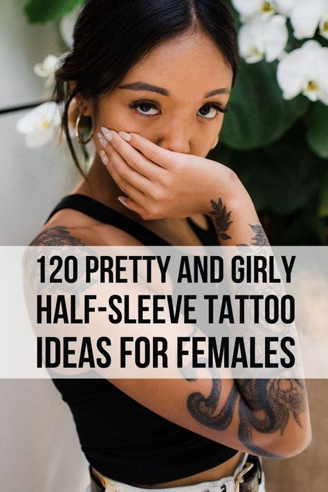 You have some tiny tats, but now you want more? You've come to the right place if you're looking for girly half-sleeve tattoo ideas for females. Creativity Tattoo, Half Sleeve Tattoo Upper Arm, Minimalist Symbols, Tattoo Ideas For Females, Feminine Shoulder Tattoos, Classy Tattoos For Women, Front Shoulder Tattoos, Unique Half Sleeve Tattoos, Shoulder Sleeve Tattoos