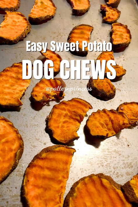 Sweet potatoes cut in slices with a crinkle cutter on a baking sheet. "Easy Sweet Potato Dog Chews by pattern princess. Sweet Potato Chews For Dogs, Dog Snacks Recipes, Sweet Potato Dog Chews, Dogs Recipes, Sweet Potato Dog, Kitty Treats, Sweet Potato Dog Treats, Potato Dog, Pet Treats Recipes