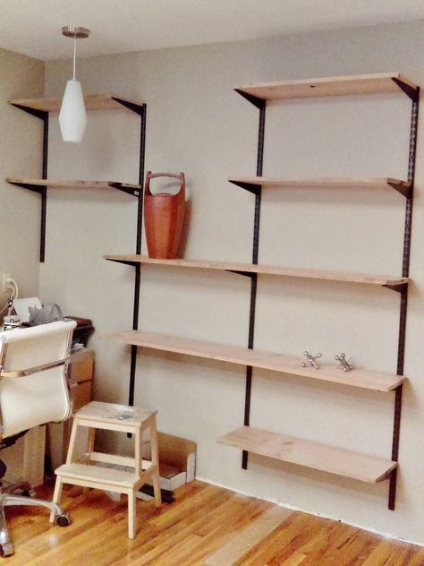 Build Your Own Mid-century Modern Shelving Unit Mid Century Modern Shelving Unit, Mid Century Wall Shelves, Track Shelving, Mid Century Modern Shelves, Mid Century Wall Unit, Custom Wall Unit, Modern Shelving Units, Diy Mid Century, Modern Wall Units