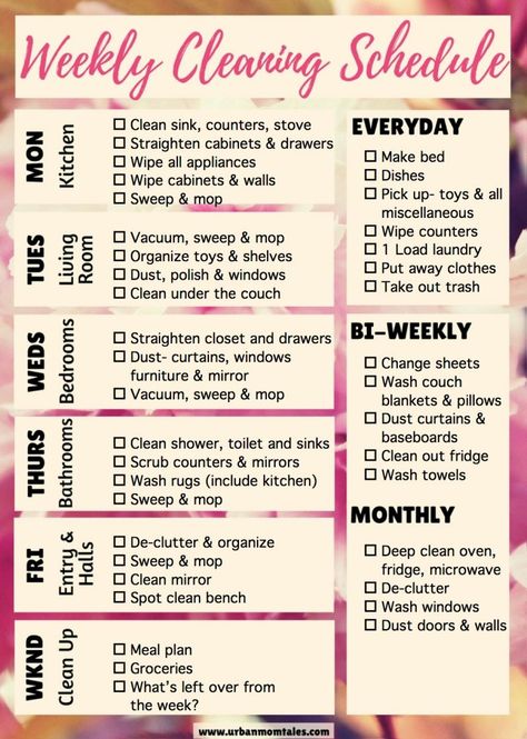 Get super organized with this pretty and easy to use cleaning schedule printable. It is a weekly cleaning schedule but also lists daily, biweekly and monthly tasks. Each weekday is assigned a room in your house to keep you focused and ease the overwhelm of maintaining a clean and beautiful home. Schedule Printable Free, Weekly Cleaning Schedule Printable, Printable Schedule, 1000 Lifehacks, خريطة ذهنية, Super Organized, Cleaning Schedule Printable, Schedule Printable, Weekly Cleaning Schedule