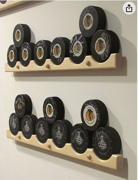 Hockey Puck Display, Hockey Crafts, Hockey Bedroom, Hockey Room, Hockey Decor, Boys Hockey, Hockey Pucks, Workshop Plans, Man Cave Home Bar