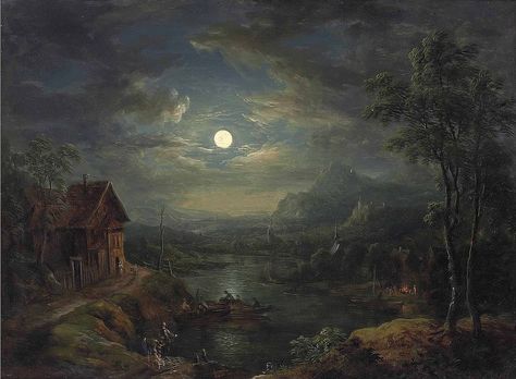 Moonlight On The River, Buildings Landscape, Night Paintings, Landscape With Figures, River Aesthetic, Infinite Void, Art Examples, Moonlight Painting, Romantic Paintings