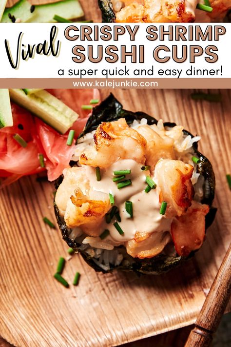 These Viral Crispy Shrimp Sushi Cups are incredibly easy to make and absolutely delicious! This recipe is the perfect meal to prepare on those busy weeknights when you simply don’t have time for an elaborate dinner. No need to compromise flavor for ease, however, because these sushi cups are divine! Try them today! Crispy Shrimp Sushi Cups, Sushi Cups Shrimp, Shrimp Seaweed Cups, Sushi Party Food Ideas, Shrimp Sushi Bake Cups, Crab Rangoon Crispy Rice Sushi Cups, Sushi For Pregnant Women, Shrimp Sushi Cups, Crispy Shrimp Sushi