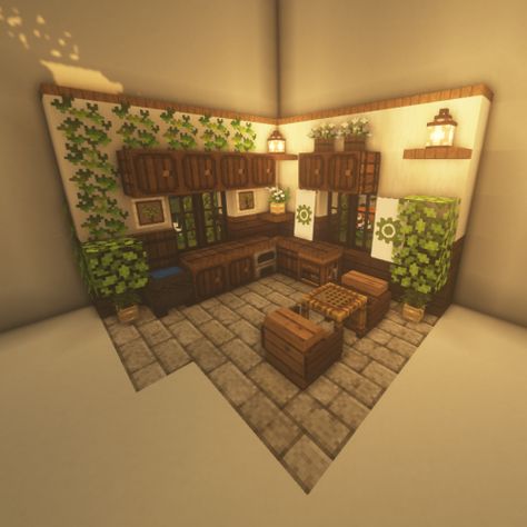 Interior For Minecraft House, Boho Minecraft Room, Minecraft Survival Kitchen Ideas, Minecraft Fletcher House Interior, Cool Minecraft Interior, Minecraft Interior Ideas Storage, Minecraft Canopy Bed Ideas, Cottagecore Kitchen Minecraft, Minecraft Kitchen Aesthetic