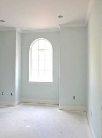 Wall color is Benjamin Moore Beach Glass Greenwich Village Behr, Colors For Kitchen Walls, Benjamin Moore Beach Glass, Bedroom Wall Ideas, Indoor Paint Colors, Paint Beach, Decorators White Benjamin Moore, Theme House, Painting Trim White