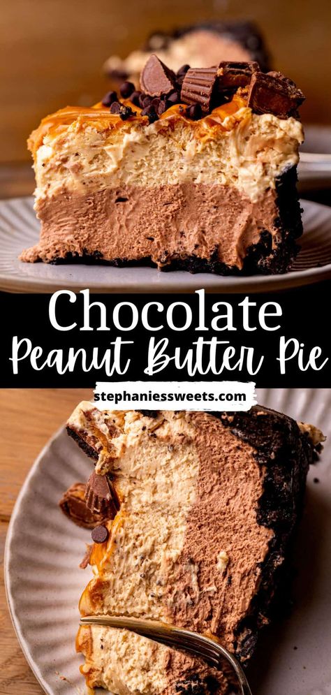 This chocolate peanut butter pie has a layer of chocolate and a peanut butter layer. It has an Oreo crust, chocolate no bake pie, peanut butter no bake pie, and swirled peanut butter on top. Topped with peanut butter cups. Chocolate Peanut Butter Crunch Pie Milk Bar, Chocolate Nutella Pie, Thanksgiving Desserts Peanut Butter, Peanut Butter Heaven, Chocolate Peanut Butter Temptation Pie, Desserts Using Peanut Butter, Minnie’s Chocolate Pie, Peanut Butter Pie Without Cool Whip, Smuckers Peanut Butter Pie