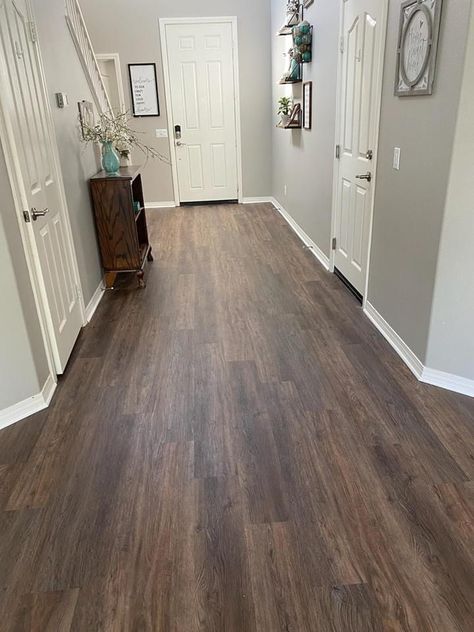 Dark Wood And Tile Flooring Combination, Living Room Floor And Wall Colors, Wall Color With Dark Wood Floors, Home Flooring Ideas Living Room, Wooden Floor Colors, Grey Walls Brown Floors, Lvl Flooring Ideas, Spc Flooring Bedroom, Wood Floor Ideas Hardwood