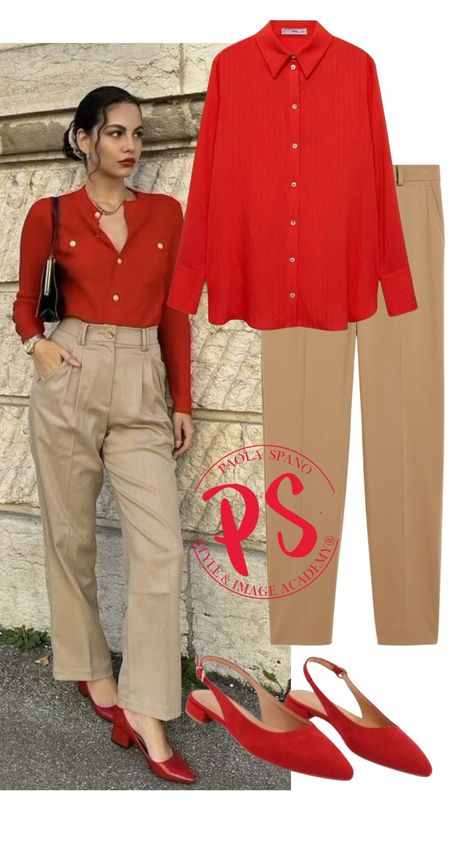 Khaki And Red Outfit, Red Combination Outfits, Red Shirt Outfit Aesthetic, Red And Khaki Outfits, Red And Beige Outfit, Red And Green Outfit, Red Pants Outfit, Bright Colors Fashion, Khakis Outfit