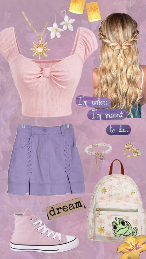 Rapunzel Disney Bound #tangled #rapunzel #disneybound #ootd Disney Bound Rapunzel, Tangled Disneybound, Rapunzel Disneybound, Tokyo Outfits, Disneybound Ideas, Disney Sidekicks, Disney Fits, Disney Tokyo, Rapunzel Disney