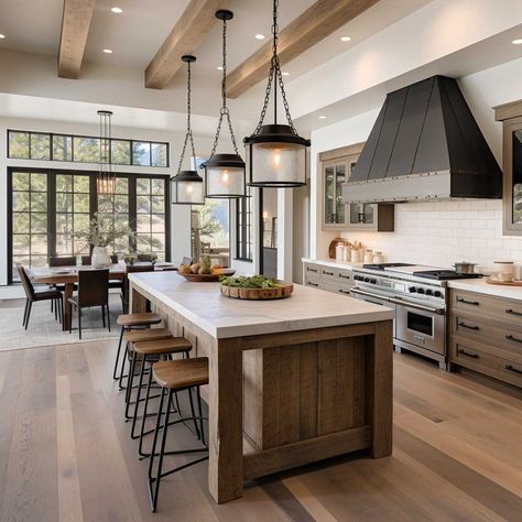 Open Concept Modern Farmhouse, Kitchen Hood, Farmhouse Kitchen Design, Kitchen Farmhouse, Farmhouse Interior, Kitchen Inspiration Design, Open Concept Kitchen, Modern Farmhouse Kitchens, Kitchen Style