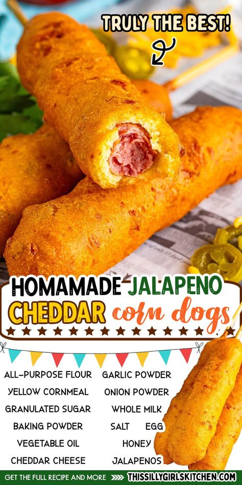 Essen, Deep Fried Corn Dogs, Chili Cheese Corn Dogs On A Stick, Best Corn Dog Recipe, Easy Corn Dogs, Sides For Corn Dogs, Jalapeno Cheddar Sausage Meals, Jiffy Mix Corn Dogs, Homemade Corn Dogs Recipe