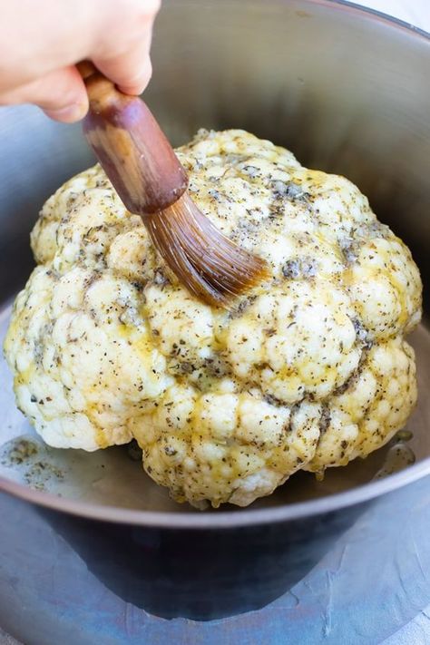 Garlic And Herb Sauce, Roasted Cauliflower Head, Easy Healthy Side Dishes, Oven Roasted Cauliflower, Whole Roasted Cauliflower, Healthy Side Dish, Herb Sauce, Healthy Side, Cauliflower Recipes