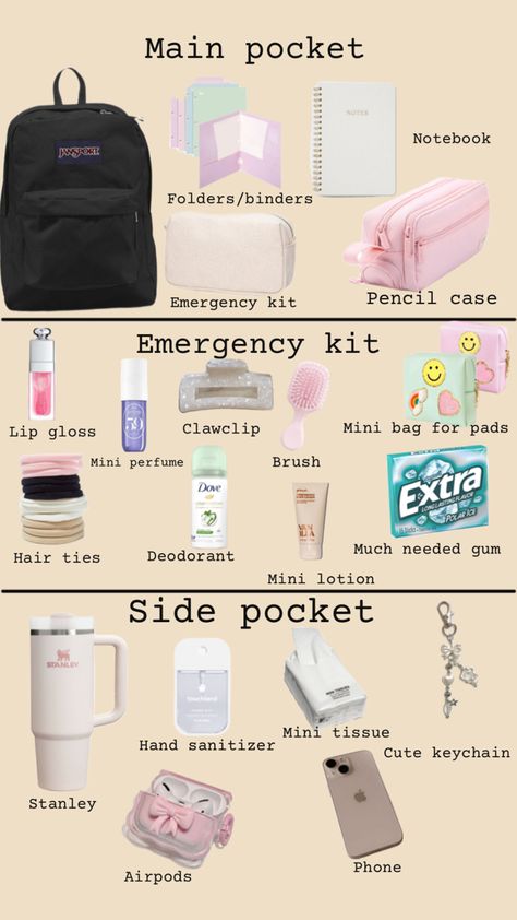 Middle School Essentials, Road Trip Kit, School Emergency Kit, School Backpack Essentials, Preppy School Supplies, Pretty School Supplies, School Bag Essentials, Backpack Essentials, Travel Bag Essentials