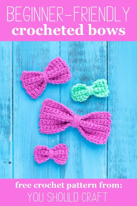 Learn how to crochet beginner bows in three sizes. This simple free crochet pattern uses single crocheted rectangles to create cute bows for bedazzling all your projects. Perfect for crochet newbies! Small Bow Crochet Pattern Free, How To Crochet A Small Bow, Crochet Bow Tie Free Pattern, Crocheted Bows Free Pattern, Small Crochet Bows Free Pattern, Crochet Bow Free Pattern, How To Crochet A Bow, Crochet Bow Pattern Free, Crochet Bows Free Pattern