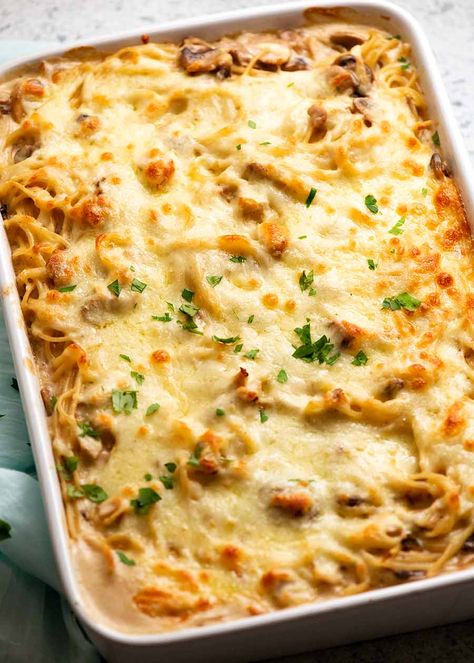 Pan of Chicken Tetrazzini - creamy chicken mushroom pasta bake, fresh out of the oven Chicken Mushroom Pasta Bake, Creamy Italian Chicken Pasta, Creamy Italian Pasta, Creamy Chicken Mushroom Pasta, Italian Pasta Bake, Mushroom Pasta Bake, Chicken Mushroom Pasta, Chicken Tetrazzini Recipes, Tiny Pasta