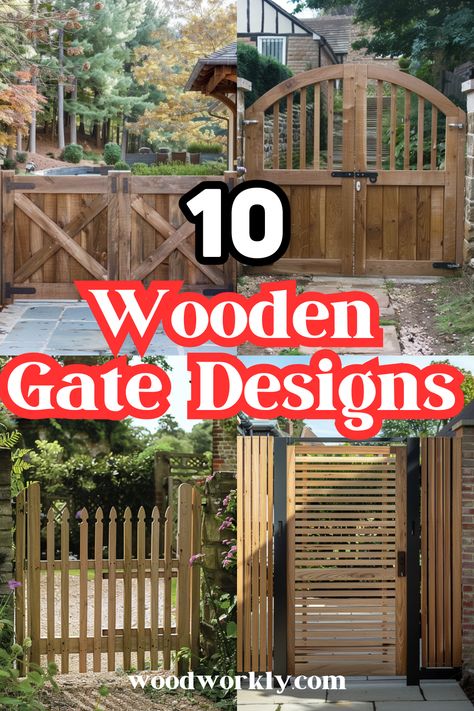 Looking for wooden gate designs? Discover stylish and functional gate ideas to enhance your property's curb appeal. Read the full article for inspiration and expert tips! #Woodworking #WoodenGates #HomeImprovement #DIYProjects #ExteriorDesign Wooden Gate Doors Fence, Double Gate Ideas Wood Fences, Lightweight Gate Ideas, Modern Gate Design Ideas, Diy Fence Gate Ideas, Decorative Gate Ideas, Wood Gates Ideas Entrance, Gates For Fences, Small Garden Gate Ideas