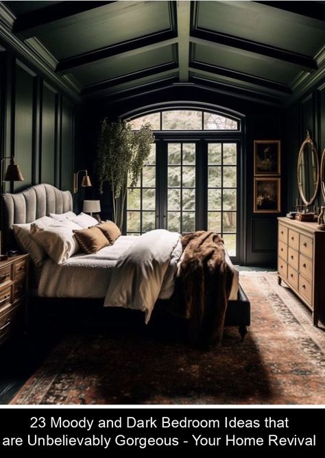 Discover moody and dark bedroom ideas that will inspire your next redecorating project. These stunning designs prove that moody can be marvelous. #farmhouse #bedroom #ideas Green Bedroom Gold Accents, Dark Academia Master Bedrooms Decor, Moody Green And Purple Bedroom, Moody French Country Bedroom, Moody Window Treatments, Moody Wallpaper Bedroom, Bedroom Jewel Tones, Dark Master Bedrooms Decor, Dark Green Moody Bedroom