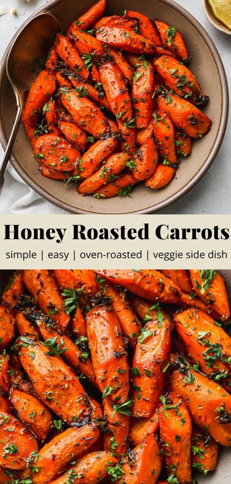 Simple Honey Roasted Carrots (Oven 400F) | Walder Wellness, RD Carrots Oven, Carrots In Oven, Thanksgiving Veggies, Veggie Side Dish, Honey Carrots, Carrots Side Dish, Traditional Thanksgiving Recipes, Roasted Carrots Recipe, Honey Roasted Carrots