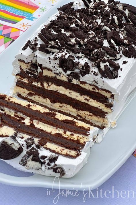 Ice Cream Sandwich Cake - In Jamie's Kitchen Ice Cream Cake Ice Cream Sandwiches, No Bake Ice Cream Sandwich Cake, Ice Cream Sandwiches Cake, I E Cream Sandwich Ice Cream Cake, Oreo Ice Cream Sandwich Cake, Ice Cream Cake With Ice Cream Sandwiches, I’ve Cream Cake, Cookies And Cream Ice Cream Cake, Ice Cream Cakes Homemade