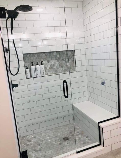 Shower Remodel Ideas With Bench, Pepples Stones Bathroom, Bathroom Remodel Shower Walk In Tile, Remodeling Shower Ideas, Walk In Shower Shelf Ideas, Stand Up Shower Bathroom Ideas, Simple Shower Tile Ideas, White Tile Shower Ideas Walk In, Shower Insert Makeover